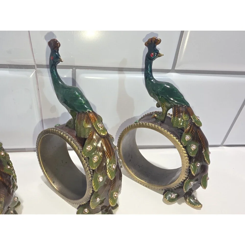 Peacock Enamel Napkin Ring Holders Brass Metal & Rhinestones set of 4